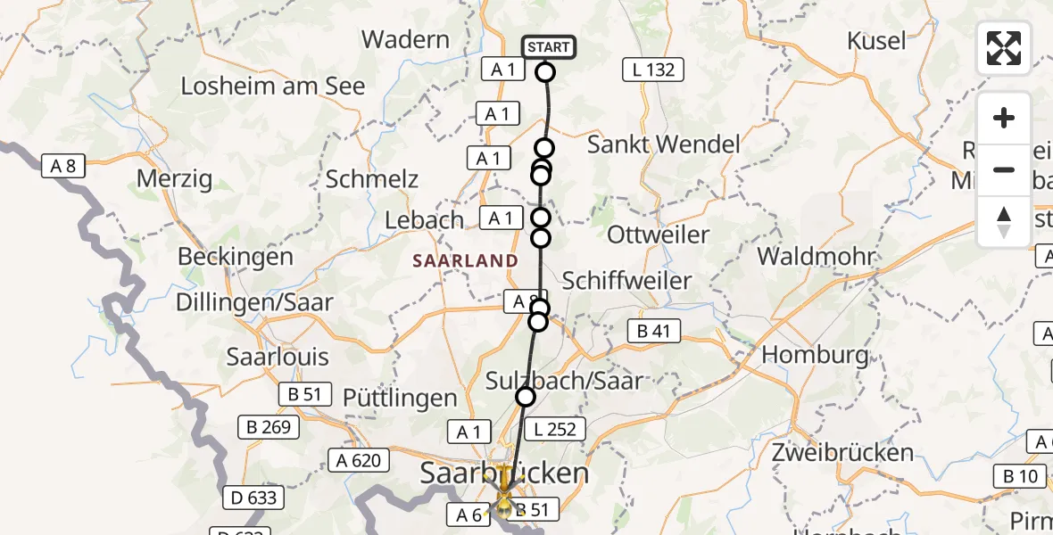 Flugroute Rettungshubschrauber Nohfelden - Saarbrücken, 22 Oktober 2026, 09:01