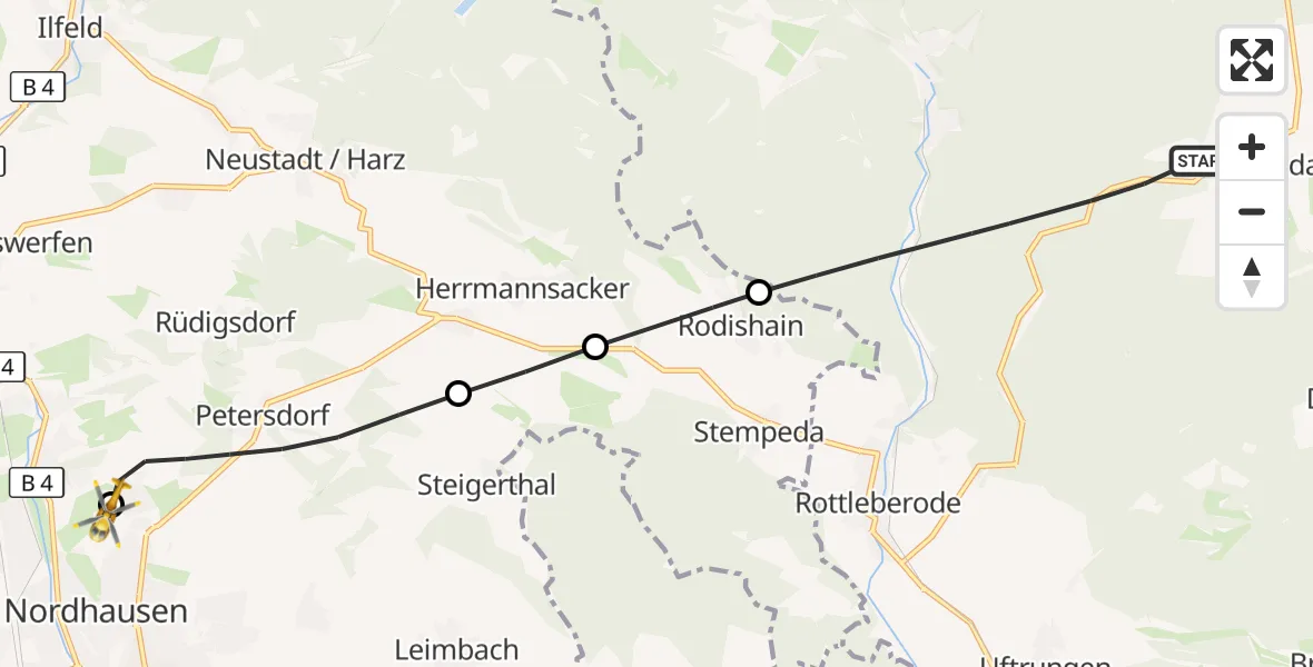 Flugroute Rettungshubschrauber Südharz - Südharz Hospital Nordhausen, 22 Oktober 2026, 09:09