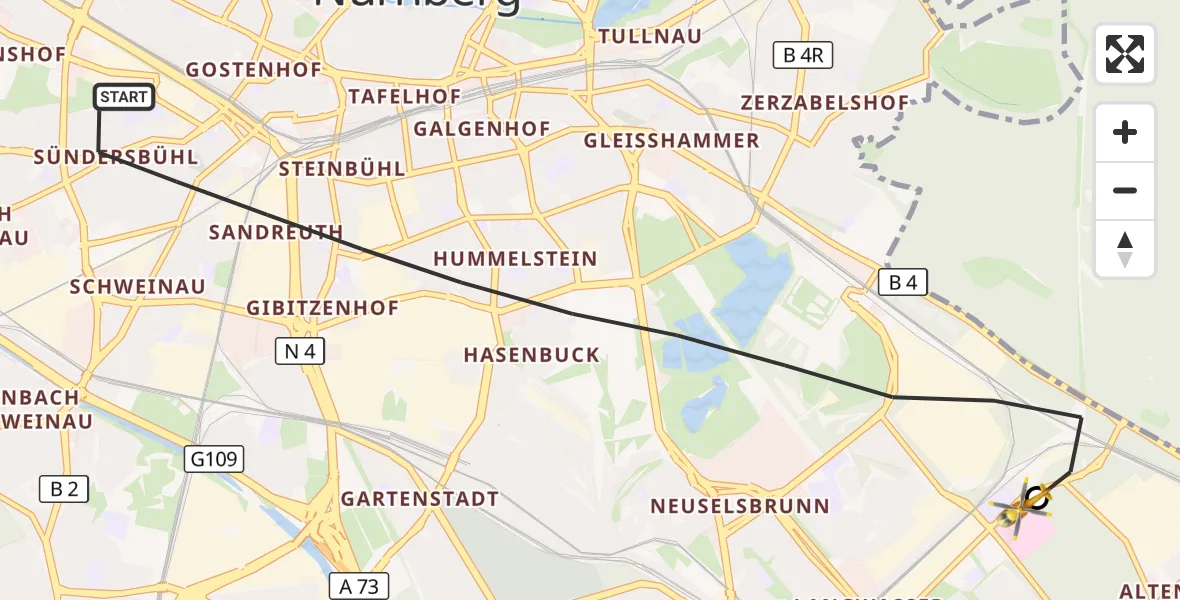 Flugroute Ambulanzhubschrauber Nürnberg - Nürnberg South Hospital, 22 Oktober 2026, 09:11