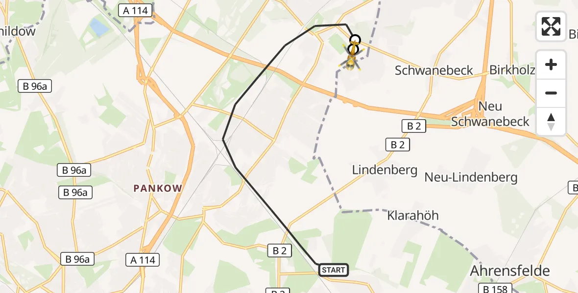 Flugroute Rettungshubschrauber Berlin - Helios Clinic Berlin-Buch, 22 Oktober 2026, 09:16