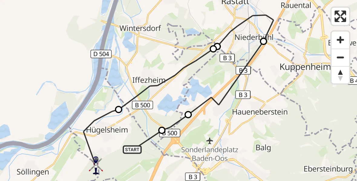 Flugroute Polizeihubschrauber Hügelsheim - Rheinmünster, 22 Oktober 2026, 09:18