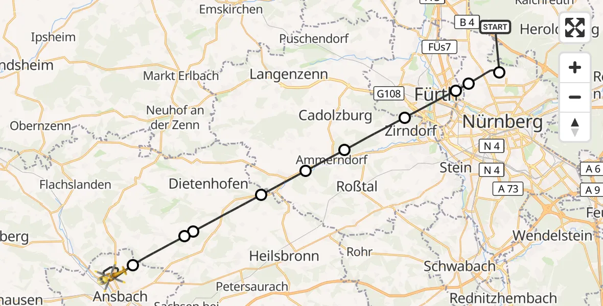 Flugroute Rettungshubschrauber Neunhofer Forst - Ansbach, 22 Oktober 2026, 09:21