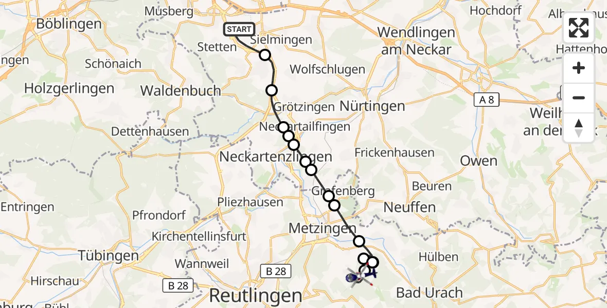 Flugroute Polizeihubschrauber Flughafen Stuttgart - Metzingen, 22 Oktober 2026, 09:30