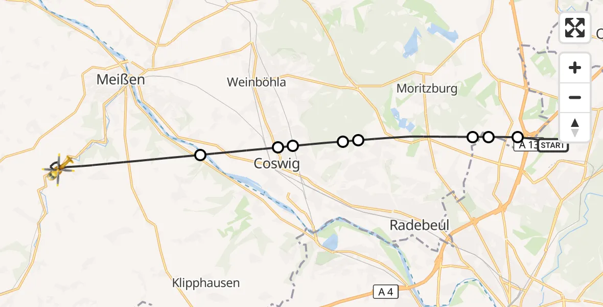 Flugroute Rettungshubschrauber Dresden Flughafen - Klipphausen, 22 Oktober 2026, 09:31