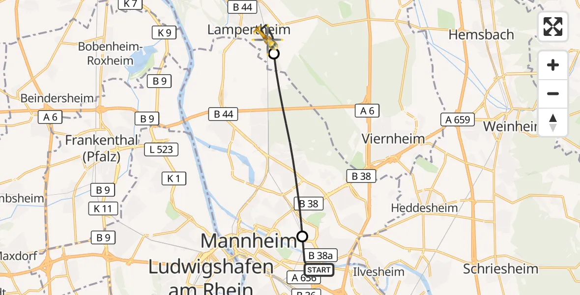 Flugroute Rettungshubschrauber Mannheim-City Flughafen - Lampertheim, 22 Oktober 2026, 09:58