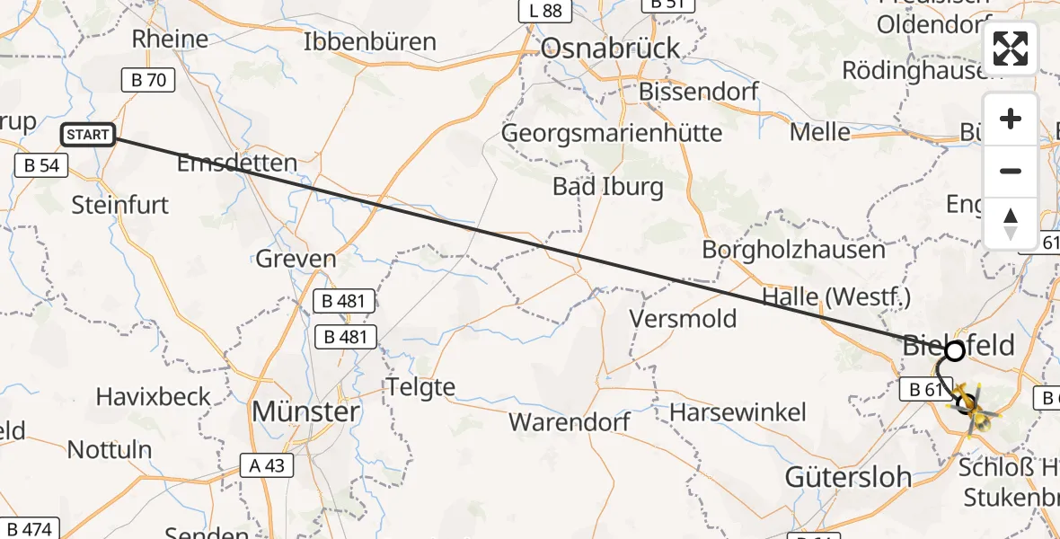 Flugroute Ambulanzhubschrauber Wettringen - Bielefeld Flughafen, 22 Oktober 2026, 10:03
