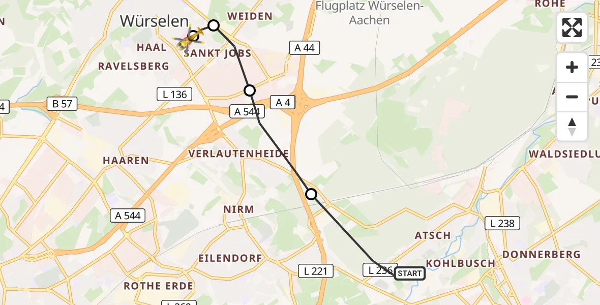 Flugroute Rettungshubschrauber Stolberg (Rhld.) - Rhein-Maas Hospital, 22 Oktober 2026, 10:10