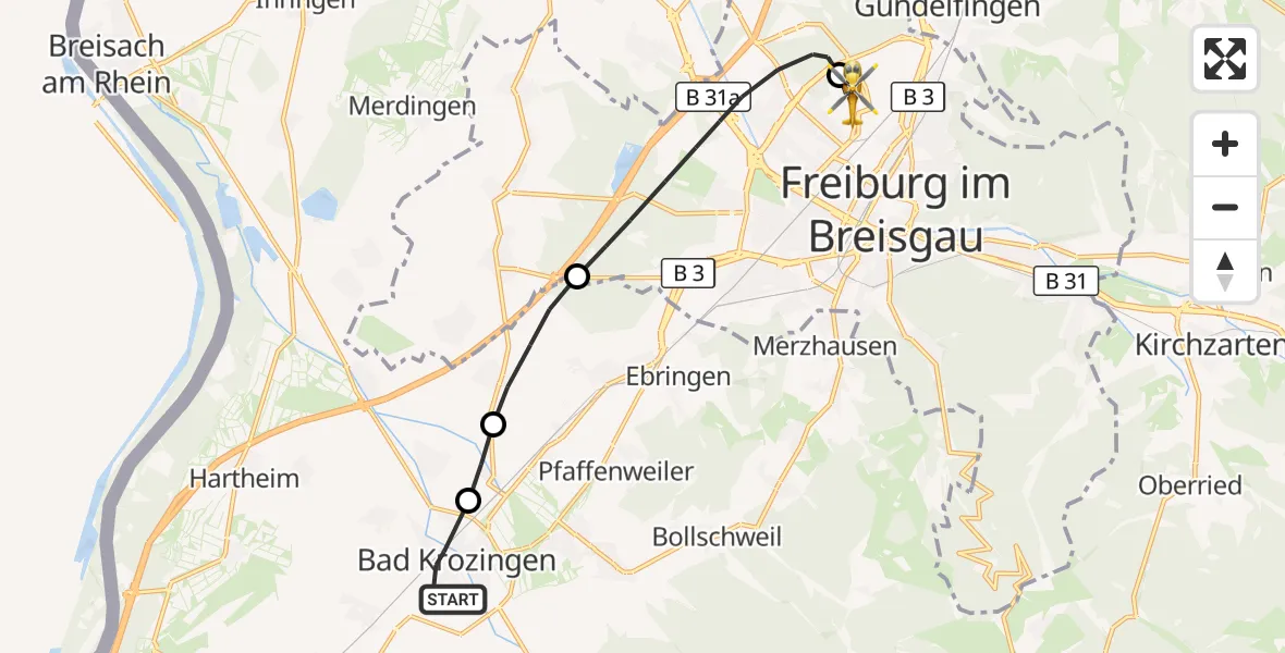 Flugroute Rettungshubschrauber Bad Krozingen - Freiburg im Breisgau Flugplatz, 22 Oktober 2026, 10:11