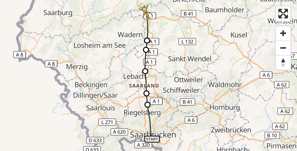 Flugroute Rettungshubschrauber Saarbrücken - Nonnweiler, 22 Oktober 2026, 10:11
