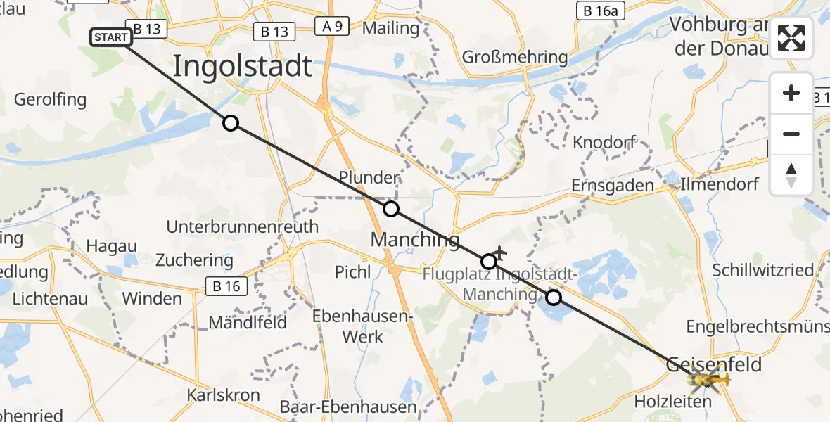 Flugroute Rettungshubschrauber Ingolstadt Hospital - Geisenfeld, 22 Oktober 2026, 10:21