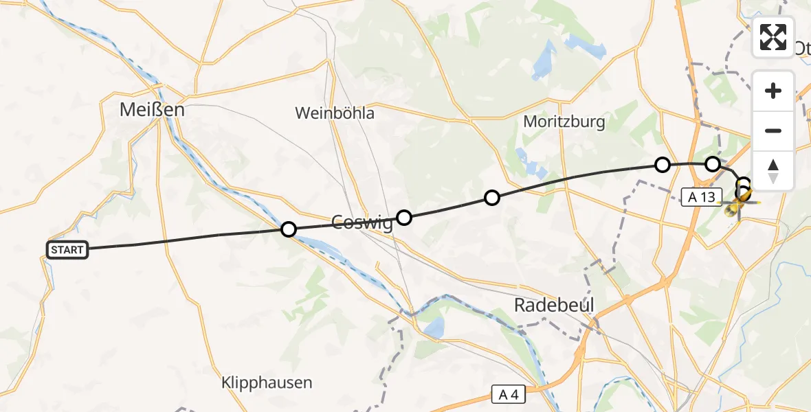Flugroute Rettungshubschrauber Klipphausen - Dresden Bundespolizei Hubschrauberlandeplatz, 22 Oktober 2026, 10:25