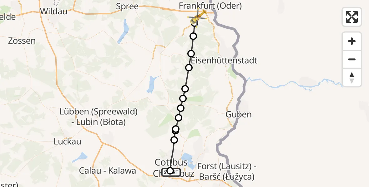 Flugroute Ambulanzhubschrauber Carl Thien Hospital Cottbus - Frankfurt (Oder), 22 Oktober 2026, 10:38