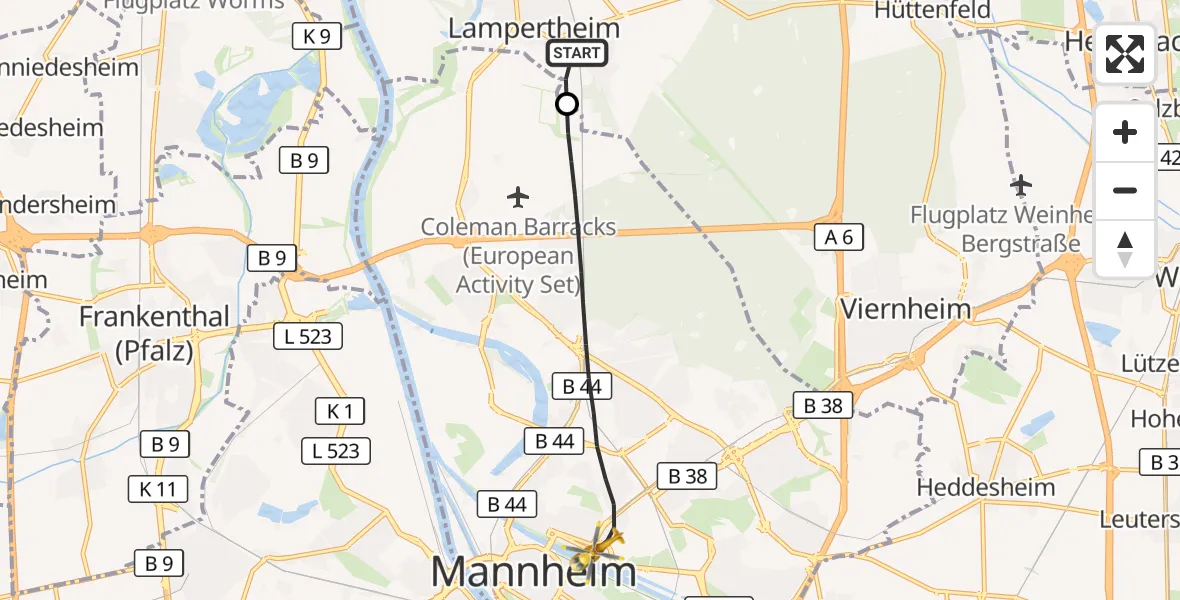 Flugroute Rettungshubschrauber Lampertheim - Mannheim, 22 Oktober 2026, 10:47