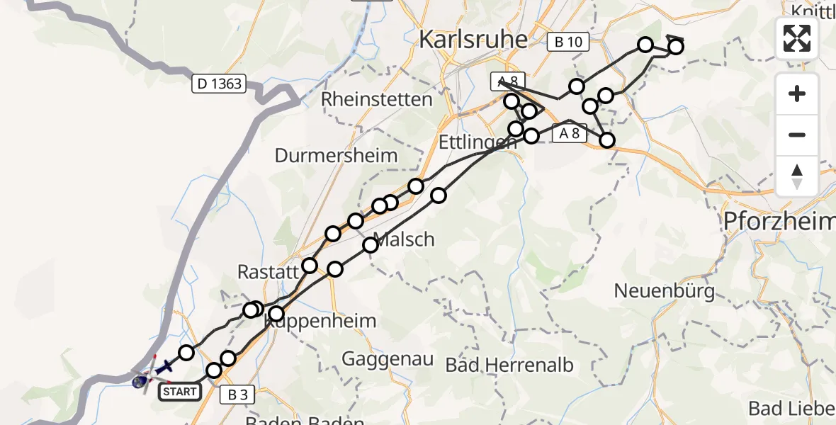 Flugroute Polizeihubschrauber Hügelsheim - Hügelsheim, 22 Oktober 2026, 10:56
