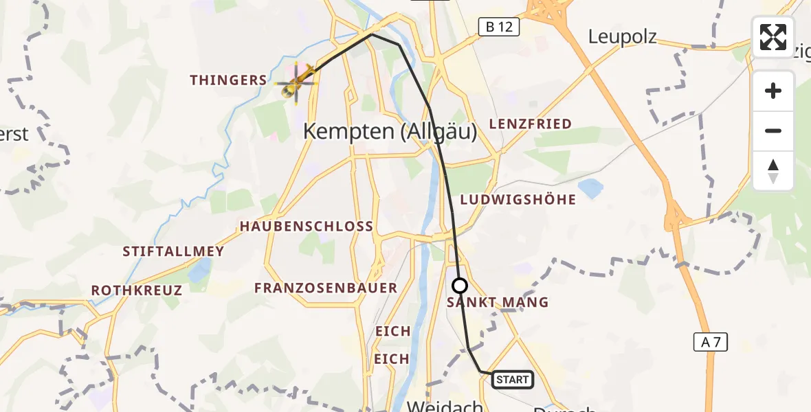 Flugroute Rettungshubschrauber Durach - Kempten (Allgäu), 22 Oktober 2026, 11:04