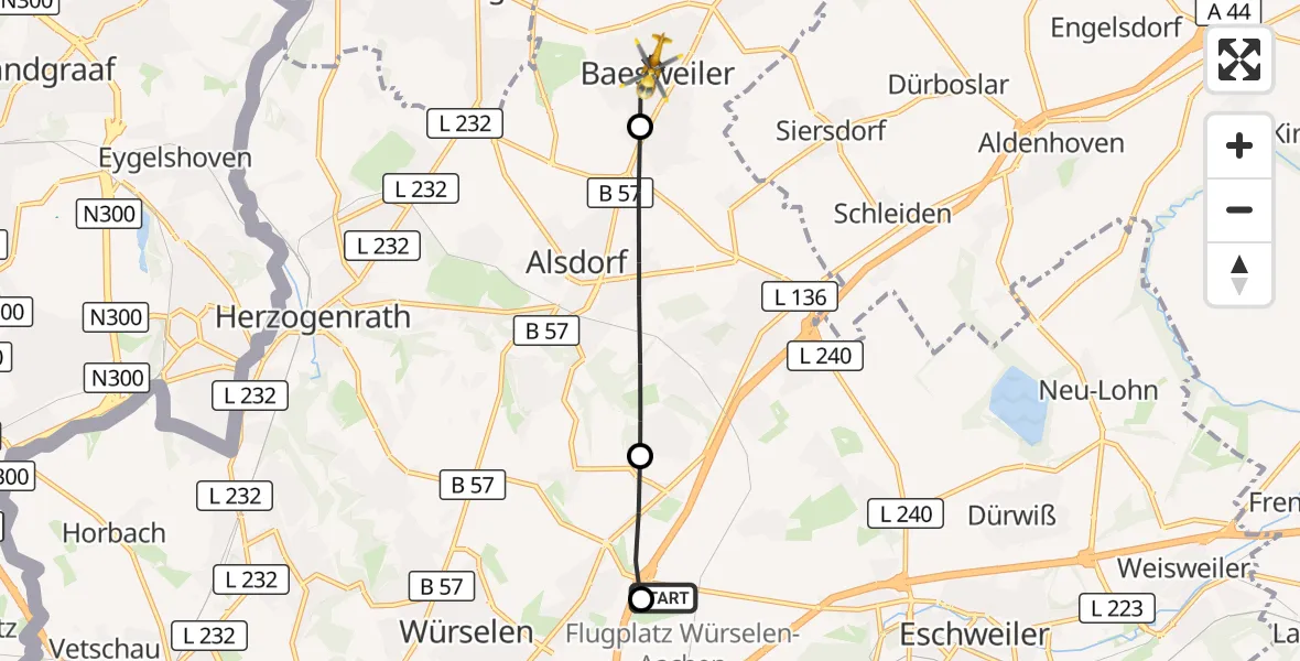 Flugroute Rettungshubschrauber Aachen-Merzbrück Flughafen - Baesweiler, 22 Oktober 2026, 11:04