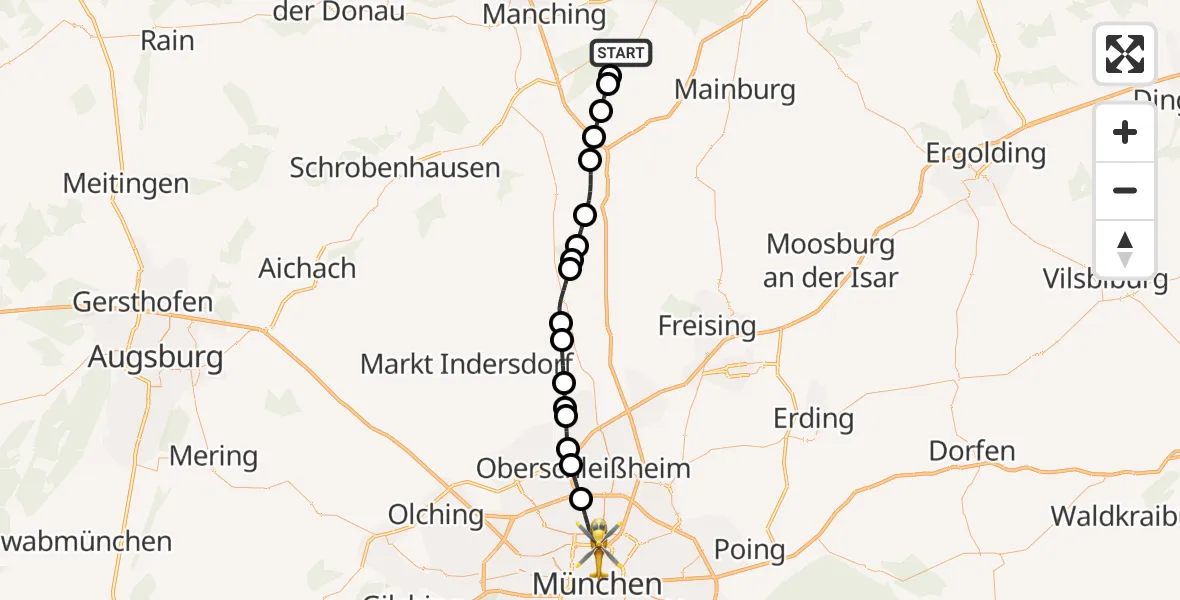 Flugroute Rettungshubschrauber Geisenfeld - München, 22 Oktober 2026, 11:10