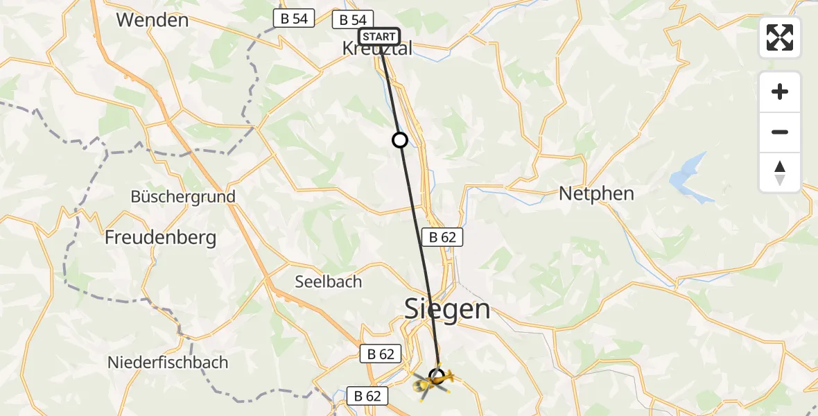 Flugroute Rettungshubschrauber Kreuztal - Evangelisches Jung-Stilling Hospital, 22 Oktober 2026, 11:23