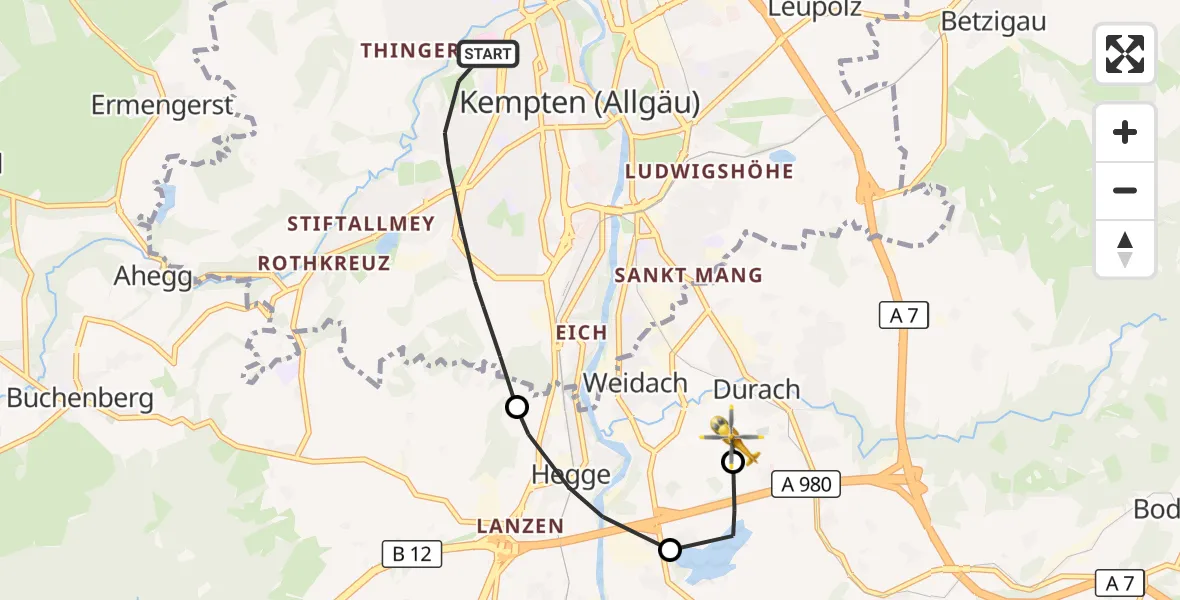 Flugroute Rettungshubschrauber Kempten (Allgäu) - Kempten-Durach Flugplatz, 22 Oktober 2026, 11:29