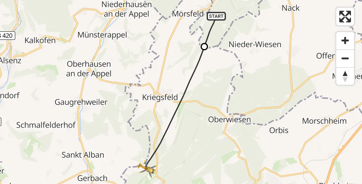 Flugroute Rettungshubschrauber Wendelsheim - Kriegsfeld, 22 Oktober 2026, 11:33