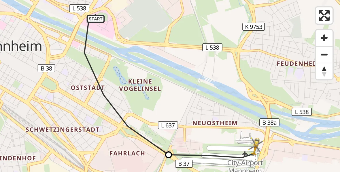 Flugroute Rettungshubschrauber Mannheim - Mannheim-City Flughafen, 22 Oktober 2026, 11:40