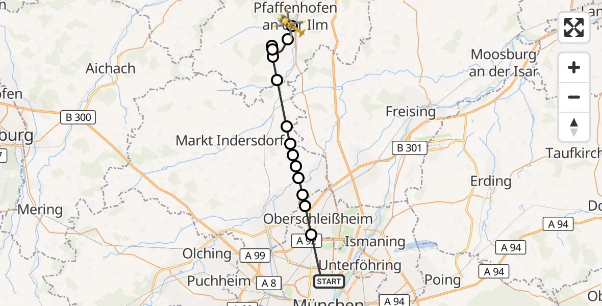 Flugroute Rettungshubschrauber München - Ilmtal Hospital Pfaffenhofen, 22 Oktober 2026, 11:45