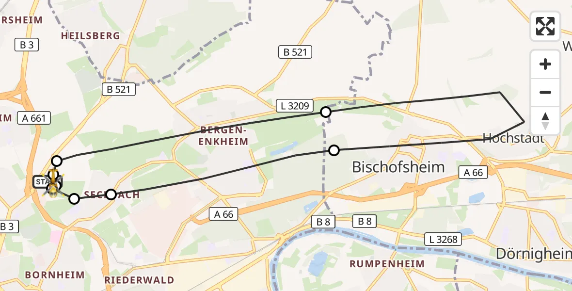 Flugroute Rettungshubschrauber Frankfurt am Main Accident Hospital Roof - Frankfurt am Main Accident Hospital Roof Helipad (CHX2), 22 Oktober 2026, 11:47