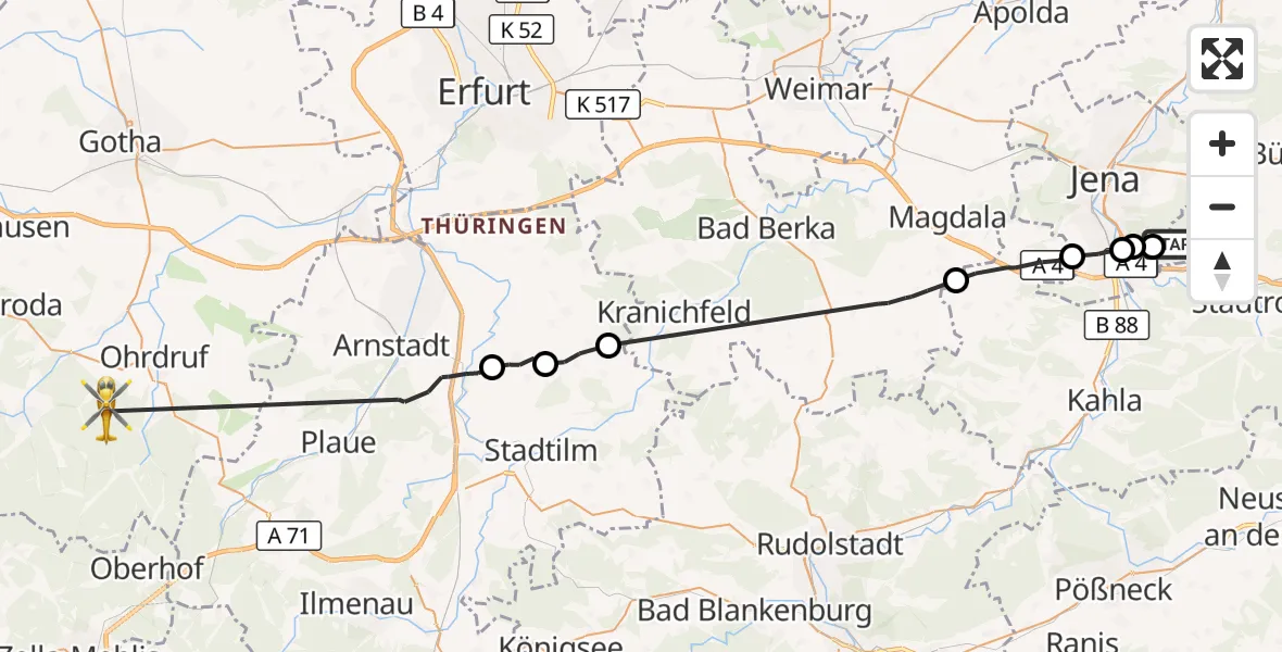 Flugroute Ambulanzhubschrauber Schlöben - Ohrdruf, 22 Oktober 2026, 11:53