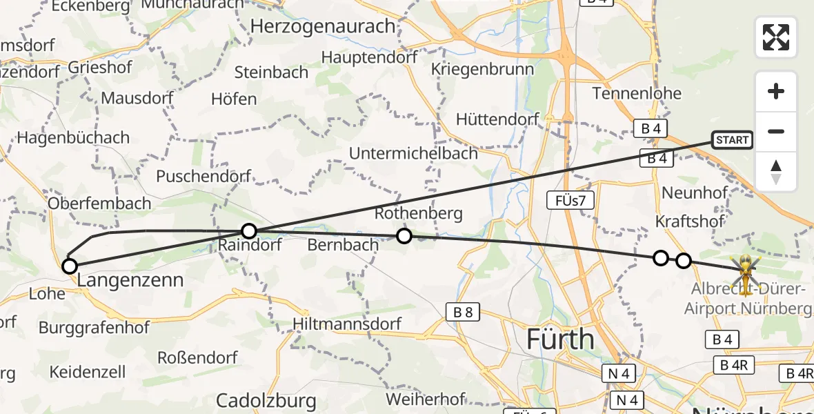Flugroute Rettungshubschrauber Neunhofer Forst - Flughafen Nuremberg, 22 Oktober 2026, 11:58