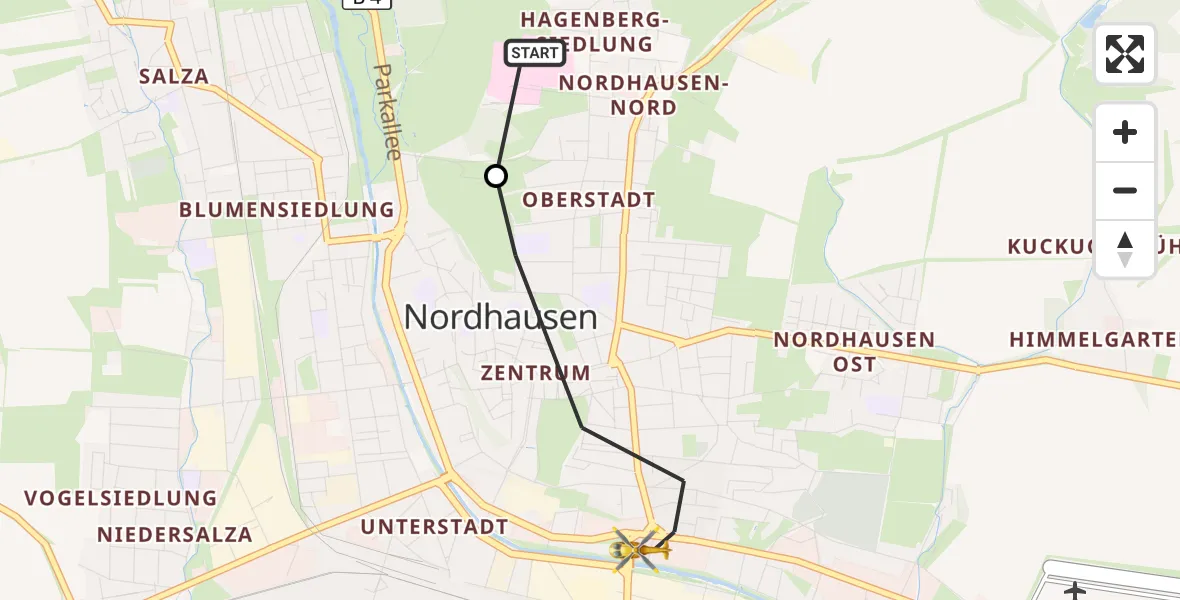 Flugroute Rettungshubschrauber Südharz Hospital Nordhausen - Nordhausen, 22 Oktober 2026, 12:01