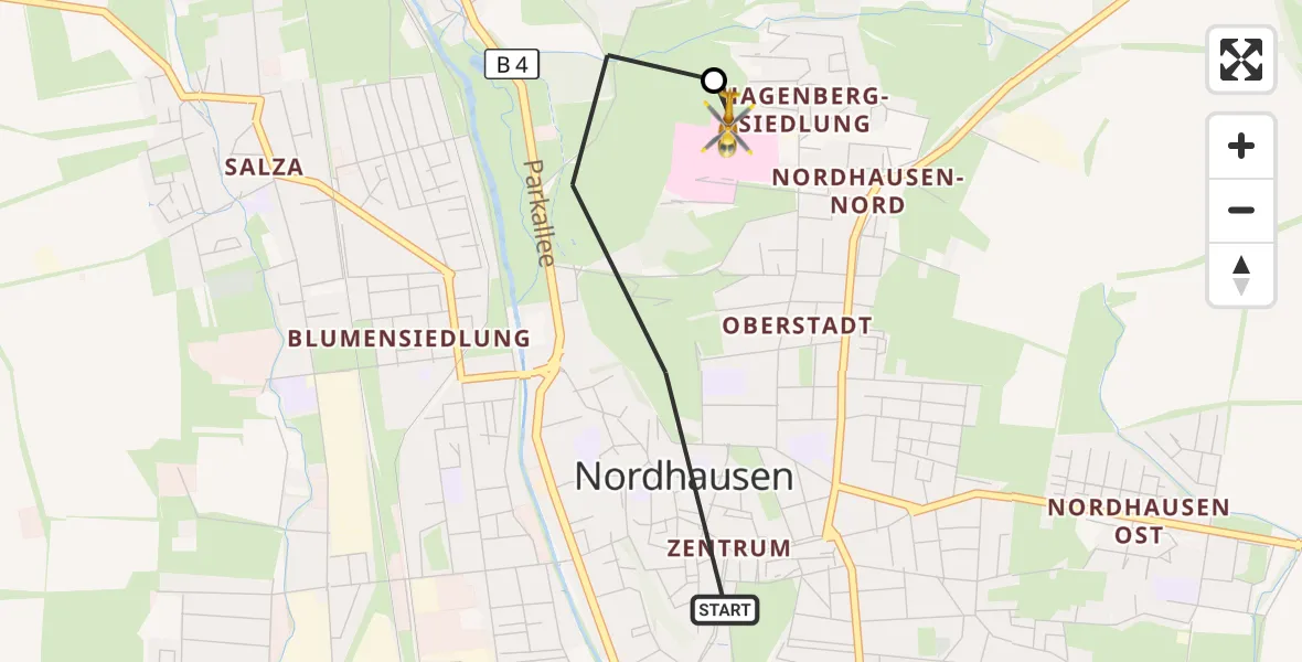 Flugroute Rettungshubschrauber Nordhausen - Südharz Hospital Nordhausen, 22 Oktober 2026, 12:04