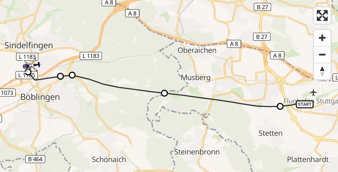 Flugroute Polizeihubschrauber Flughafen Stuttgart - Sindelfingen, 22 Oktober 2026, 12:06