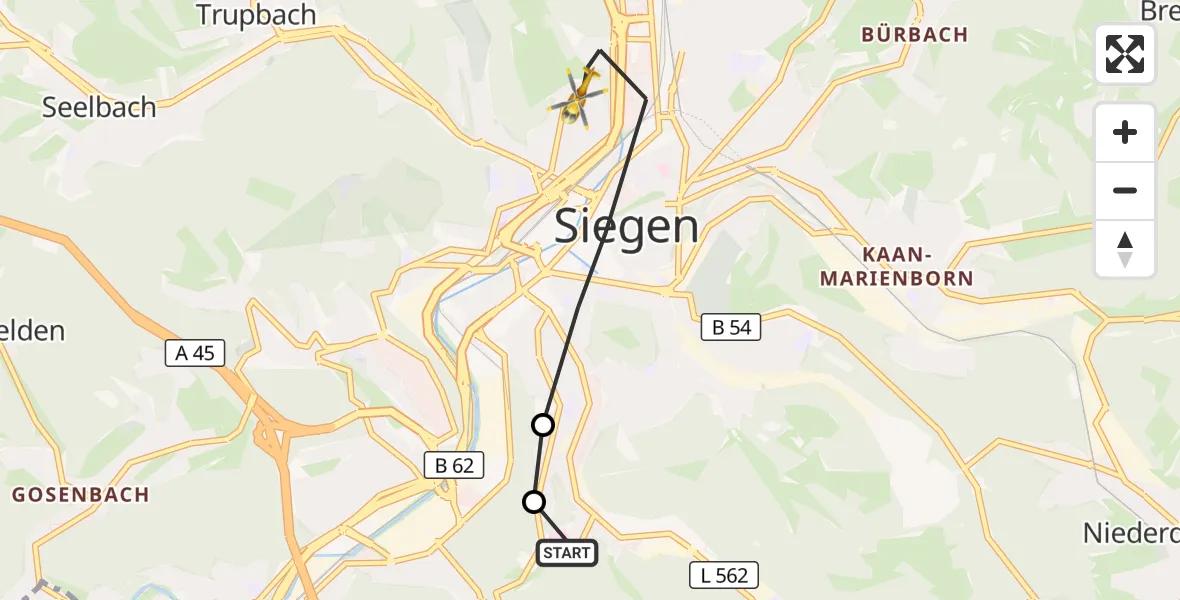 Flugroute Rettungshubschrauber Evangelisches Jung-Stilling Hospital - Siegen, 22 Oktober 2026, 12:09