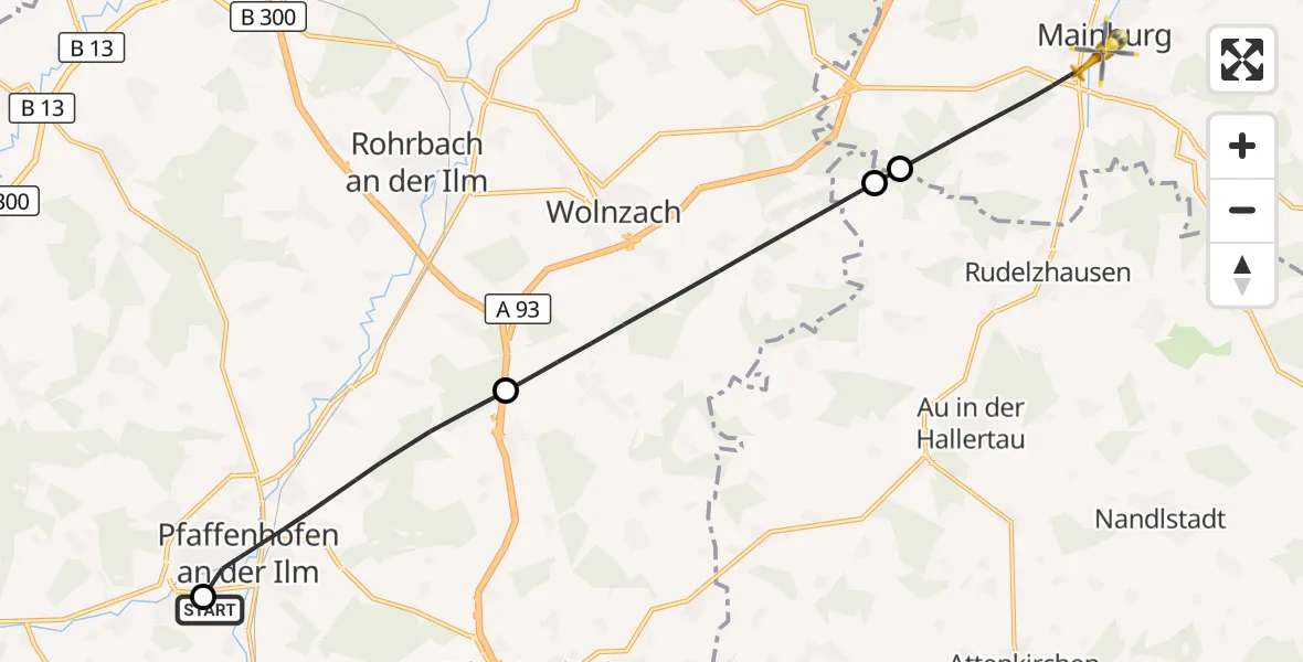 Flugroute Rettungshubschrauber Ilmtal Hospital Pfaffenhofen - Mainburg, 22 Oktober 2026, 12:26