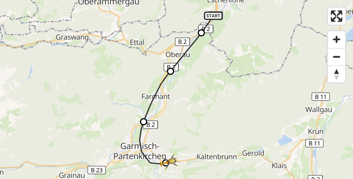Flugroute Rettungshubschrauber Eschenlohe - Garmisch-Partenkirchen Clinic Hubschrauberlandeplatz, 22 Oktober 2026, 12:30