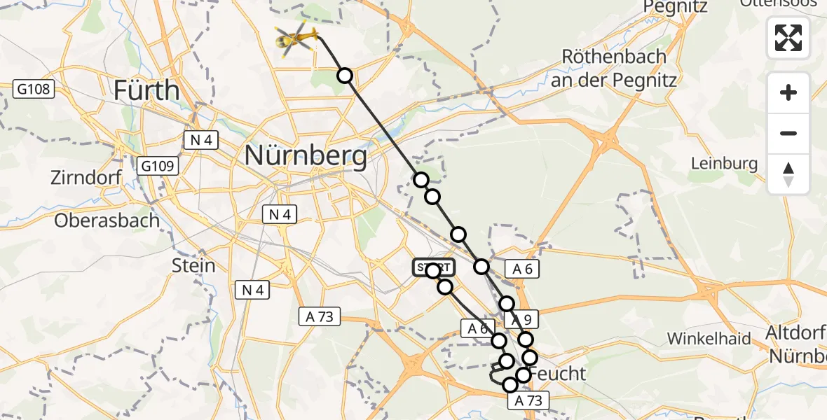 Flugroute Ambulanzhubschrauber Nürnberg South Hospital - Flughafen Nuremberg, 22 Oktober 2026, 12:42