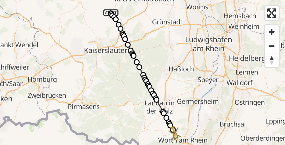 Flugroute Rettungshubschrauber Rockenhausen - Kandel, 22 Oktober 2026, 12:47