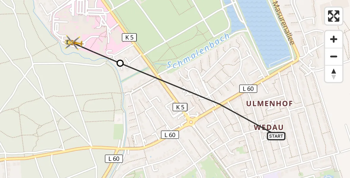 Flugroute Rettungshubschrauber Duisburg - Sana Clinic Duisburg Hubschrauberlandeplatz, 22 Oktober 2026, 12:55
