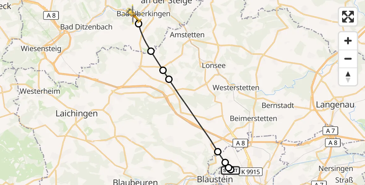 Flugroute Rettungshubschrauber Ulm Military Hospital Emergency - Bad Überkingen, 22 Oktober 2026, 13:00
