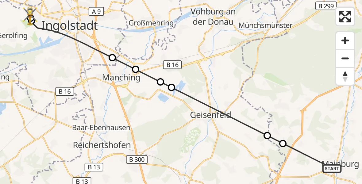 Flugroute Rettungshubschrauber Mainburg - Ingolstadt Hospital, 22 Oktober 2026, 13:00