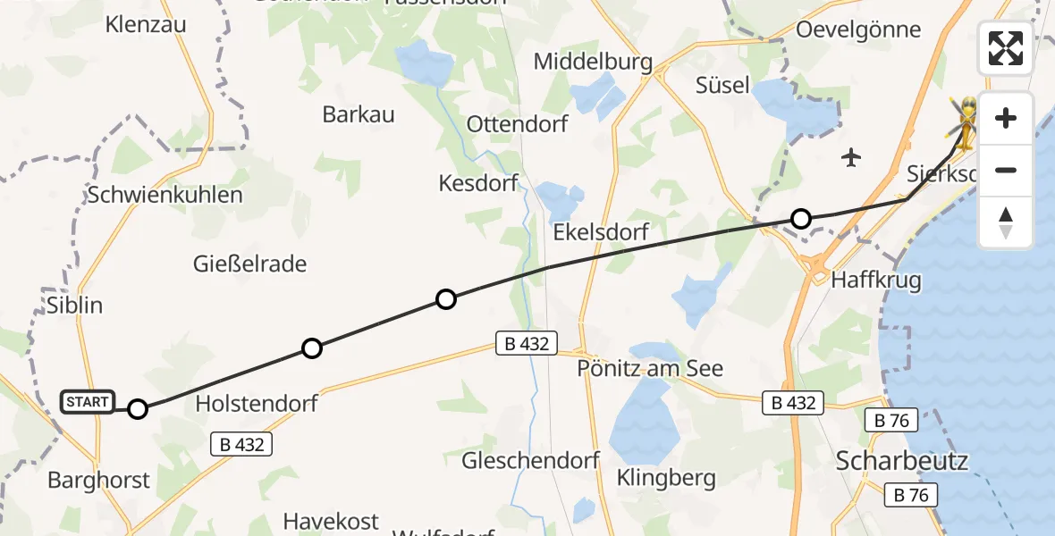 Flugroute Rettungshubschrauber Christoph 12 Luftrettungszentrum - Sierksdorf, 22 Oktober 2026, 13:13