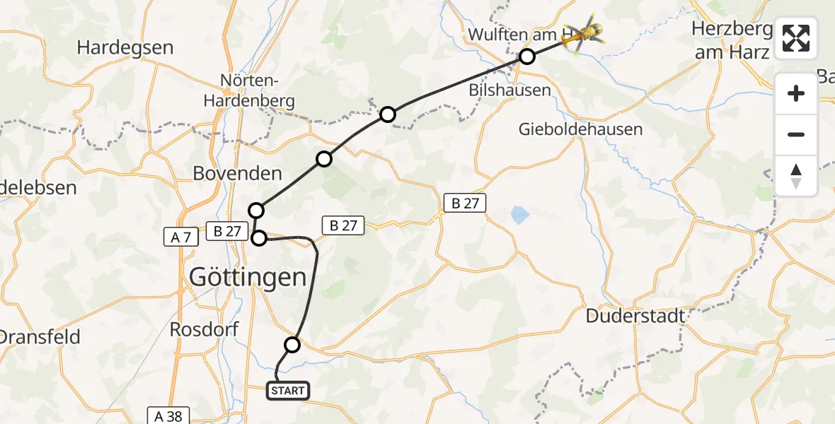 Flugroute Rettungshubschrauber Gleichen - Hattorf am Harz, 22 Oktober 2026, 13:15