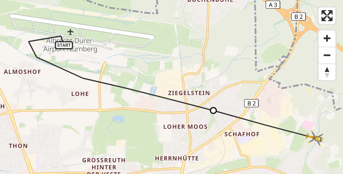 Flugroute Ambulanzhubschrauber Flughafen Nuremberg - Martha-Maria Nürnberg Hospital Hubschrauberlandeplatz, 22 Oktober 2026, 13:22