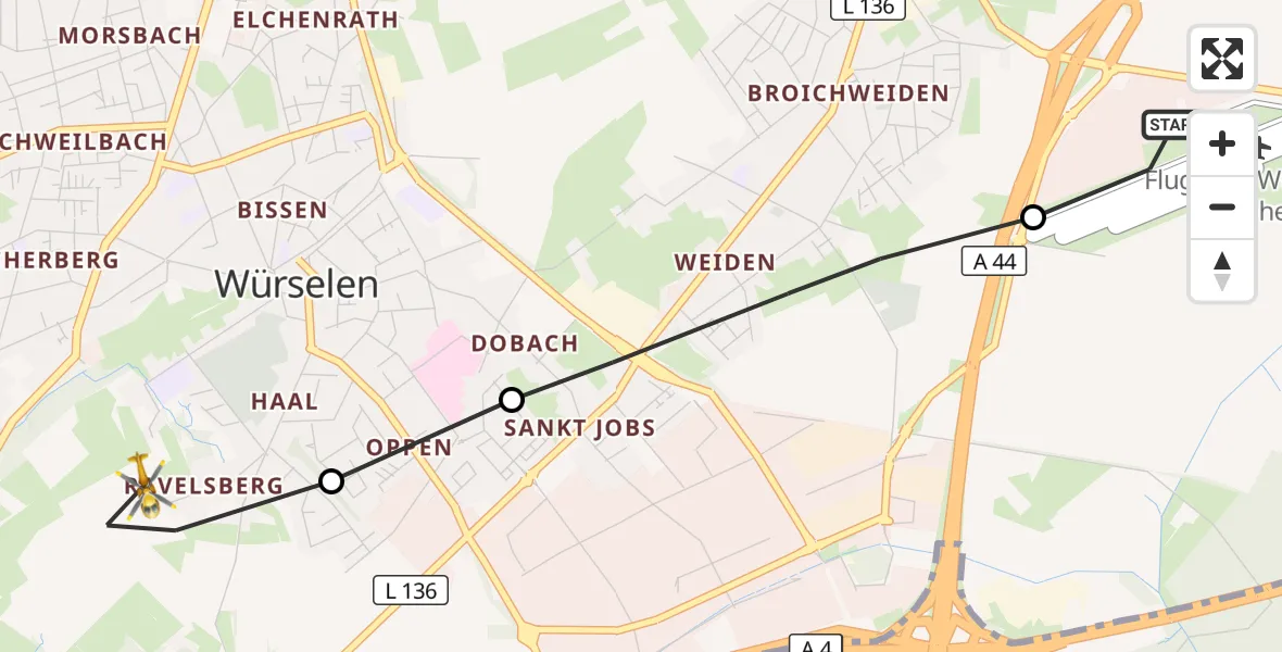 Flugroute Rettungshubschrauber Aachen-Merzbrück Flughafen - Würselen, 22 Oktober 2026, 13:22