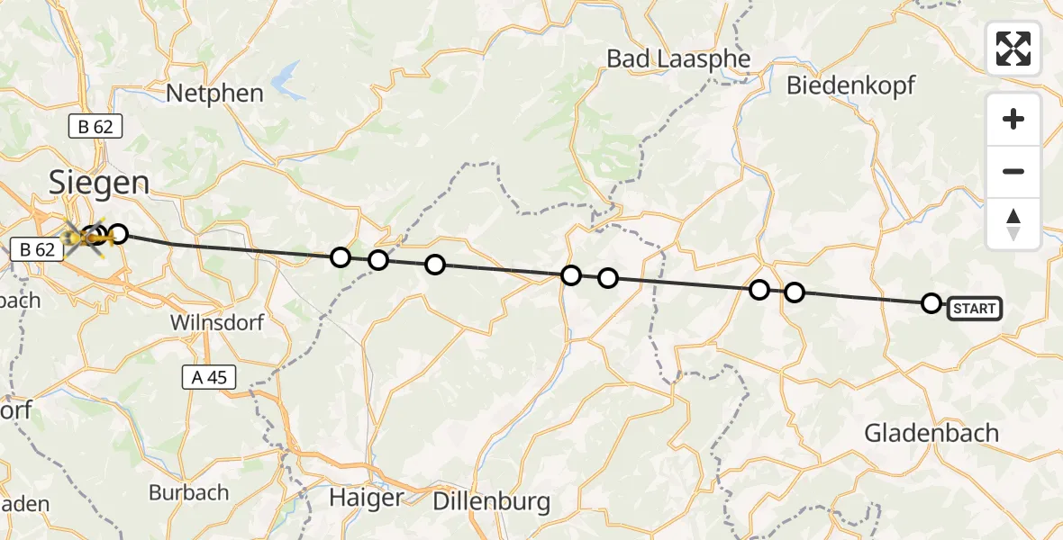 Flugroute Rettungshubschrauber Gladenbach - Evangelisches Jung-Stilling Hospital, 22 Oktober 2026, 13:37