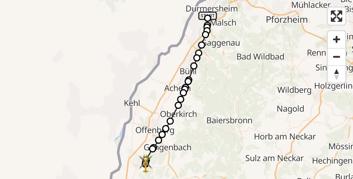 Flugroute Rettungshubschrauber Bietigheim - Ortenau Hospital Lahr-Ettenheim Hubschrauberlandeplatz, 22 Oktober 2026, 13:37