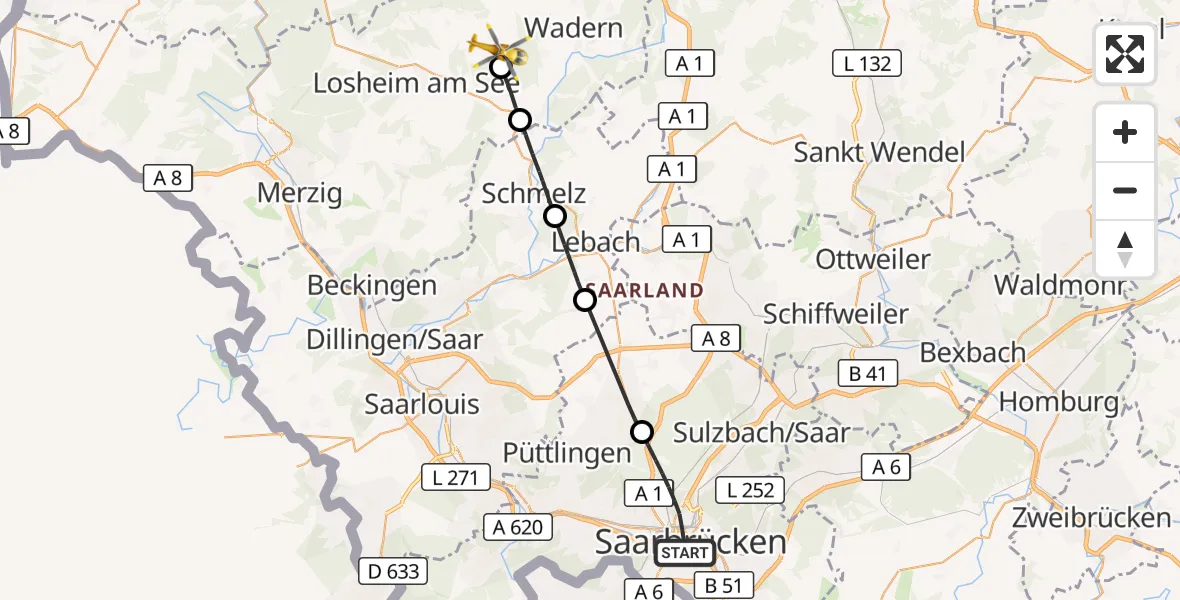 Flugroute Rettungshubschrauber Saarbrücken - Weiskirchen, 22 Oktober 2026, 13:37