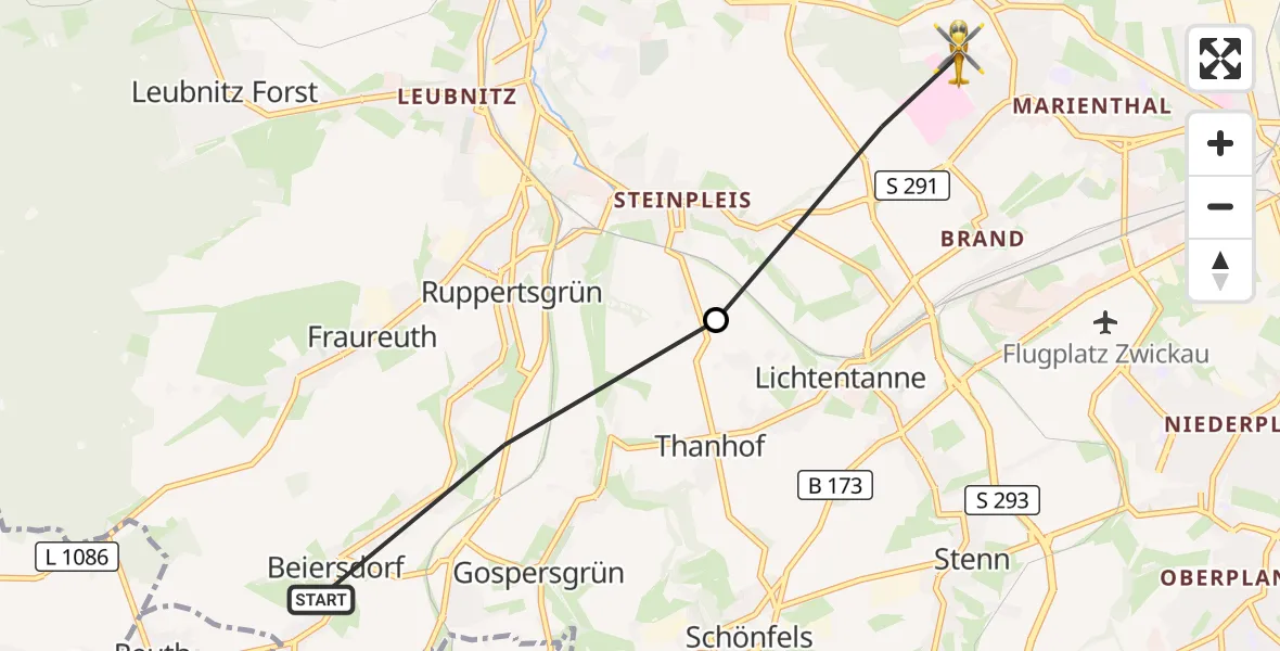 Flugroute Rettungshubschrauber Fraureuth - Zwickau, 22 Oktober 2026, 13:41