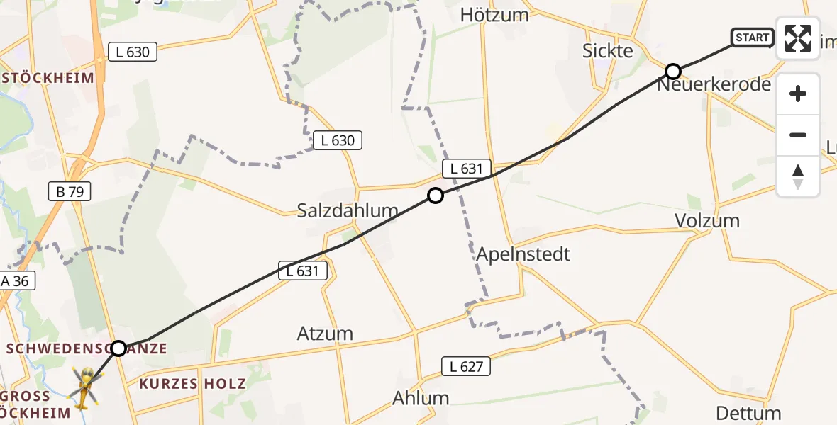 Flugroute Rettungshubschrauber Veltheim (Ohe) - Wolfenbüttel, 22 Oktober 2026, 13:44