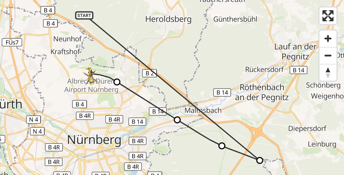 Flugroute Rettungshubschrauber Neunhofer Forst - Flughafen Nuremberg, 22 Oktober 2026, 13:45
